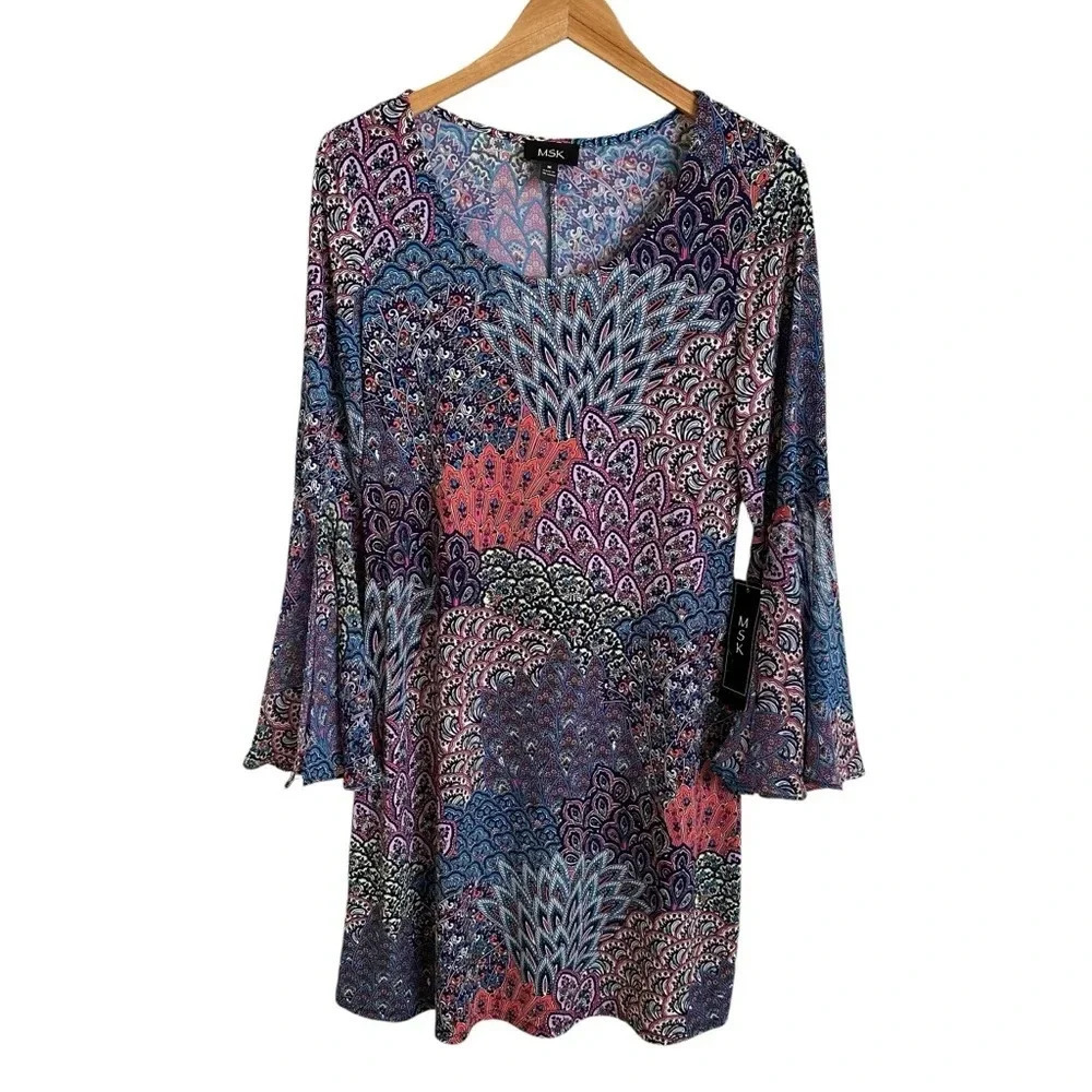 NWT MSK‎ Womens Medium Paisley Stretch Scoop Neck Dress Bell Sleeves Groovy New